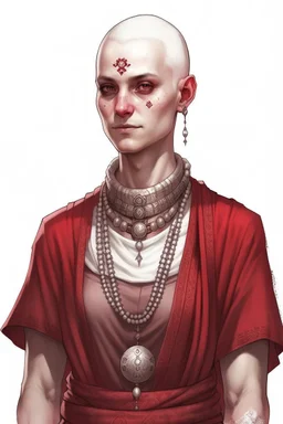 full length, gangly, 22-year old, shaved head, nordic looking grey-eyed female human cleric with a red beaded necklace, no face markings