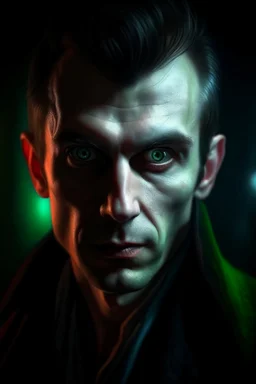 oil painting of vampire portrait with clear bluegreen eyes in spotlight feeling in control, zeiss prime lens, bokeh like f/0.8, tilt-shift lens 8k, high detail, smooth render, down-light, unreal engine, prize winning