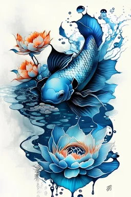 Create a color tattoo of one blue koi fish swimming facing up with water and lotus flowers