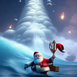 Santa surfing a big wavew. character design by cory loftis, fenghua zhong, ryohei hase, ismail inceoglu and ruan jia. unreal engine 5, artistic lighting, highly detailed, photorealistic, fantasy