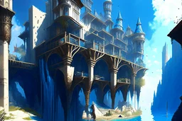 medieval buildings with balconies overhanging lake edge with blue sky and people, photorealism, fantastical, intricate detail, splash screen, concept art