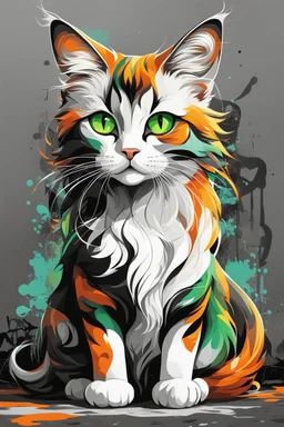 Graffiti illustration of a beautiful cat with long, wavy, thick hair, pointed ears, bright green eyes, orange, black and white colors, ultra quality, (((full body))), sitting on the floor