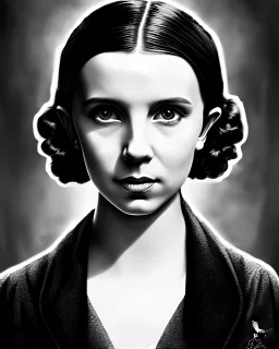 cinematic view, victorian look an feel, portrait of millie bobby brown as enola holmes, hyper detailed, realist, awesome, chiaroscuro, high contrast, black and white, quill pen, gustave dorè style, artgerm, wlop