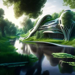 Zaha Hadid style country house hyper-detailed hyper-realistic summer river trees 8k