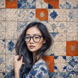 editorial image, asian woman portrait long hair glasses, portuguese azulejo tiles pattern, abstract, mixed media