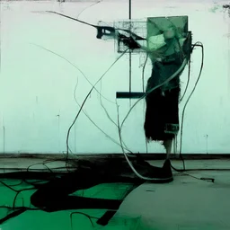 Dystopian future women twisted body with retro monitor head and handing wires. In desolate landscape at night. With a concrete decaying block. Abstract oil painting in style of Justin Mortimer