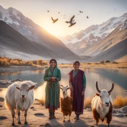 Pakistani Pukhtoon Women smiling at sunrise riverside & snowy mountains with a cow, a goat, a chicken & birds flying