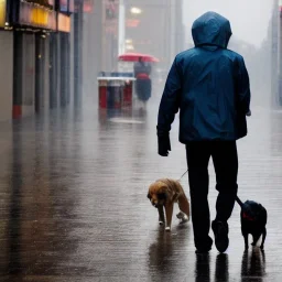 man walking in rain in the city with a dog