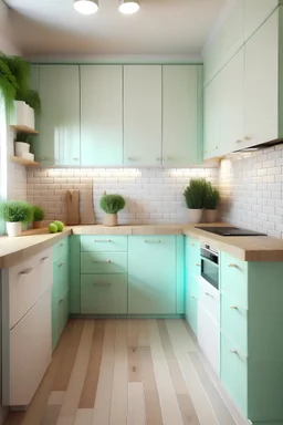 small kitchen: - 2.6 square meters - 2 meters wide, 3.5 meters long - white furniture - built-in oven, refrigerator, microwave, dishwasher - 4 gas hob - wooden work surface - plenty of storage cupboards - there should be a window on the longer side - do not use a hood or steam extractor - the wall should contain mint green color - there should be a two-part sink tray