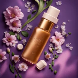 a small bottle for cosmetics on a beautiful floral background, high-quality picture, top view