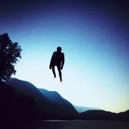 dark man shadow float in sky. scared people. river. river rock . valley . night