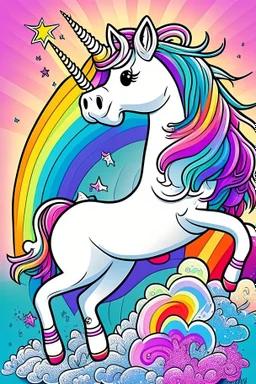 kids illustration, an unicorn image, cartoon style, thick line, low details, vivid color