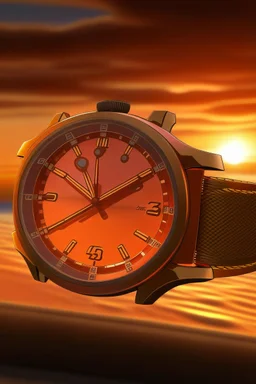 Create a captivating image of a sailing watch against the backdrop of a vibrant sunset on the open sea. Focus on the watch dial and hands, highlighting their luminosity as the natural light dims.