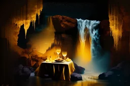 ochre caricarure of dinner in candlelight, double exposure waterfall landscape at night