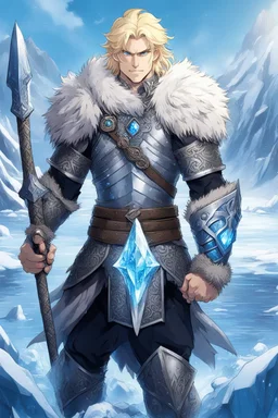 1 anime man. warrior, with blue eyes and blonde hair man in silver Viking armor with fur around the neck with blue crystal on his chest, standing in water in the artic, holding a ice axe, warrior in, anime style