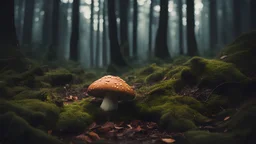 Fallen mushroom In a dark forest