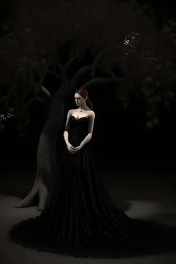 Wednesday in a low-cut black gown standing under a black tree, photorealistic, delicate detail.