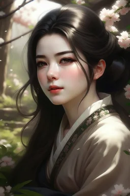 Beautiful Girl in the garden, 18 century, brunette, literally dark hair, dark eyes, fat, smell of sakura, rest, detailed face