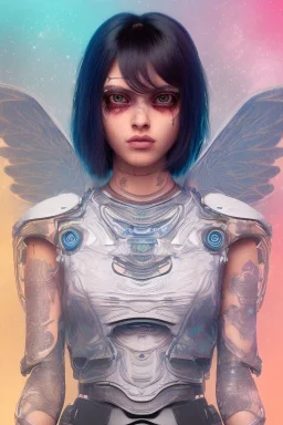 Battle angel, futuristic fantasy assassin character, portrait from waist up, intricate eyeliner, vibrant eyeshadow, clear completion, soft lighting, 4k resolution, intricate details, insanely detailed, white tank top, vibrant Japanese style tattoo sleeve, colorful cityscape background, masterpiece, expert, cinematic smooth, retroanime style, realistic details,