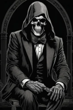 ultra high image quality, Grim Reaper, WEARING A 3 PIECE SUIT, POSED FOR DOLLAR BILL PORTRAIT, LINE TONE, WSJ STYLE, HEDCUT, Close-up of an set against AMOLED-worthy pure black backdrop, fantasy art style infused with filter, tailored for vertical wallpaper, exclusive design with no duplicates, radiating beauty suitable for a PC screen image, vivid colors, ultra fine, digital painting, BASED ON THE UNITED STATES TREASURY NOTE ONE DOLLAR BILL