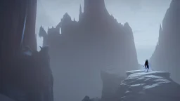 Sorcerer in white robe and hood approaches castle on a cliff