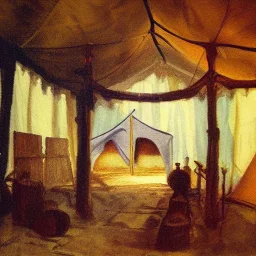 mystical oil painting of an inside view of an old medieval tent with a little opening in canopy