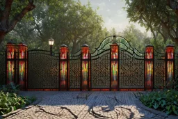 open iron gates made of colorful stained glass, covered in vines, trees, very large entry leading to a lush garden, see lot details in the garden, photo realistic 4k, nature, beautiful hand laid checkered pattern stone walkway path, trending on artstation, sharp focus, studio photo, intricate details, highly detailed, by greg rutkowski