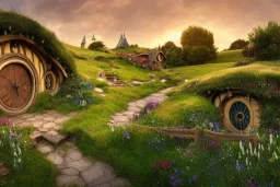 The town of Hobbiton in the Summer, the shire, beautiful scenic landscape, lord of the rings, wide angle, super highly detailed, professional digital painting, artstation, concept art, smooth, sharp focus, no blur, no dof, extreme illustration, unreal engine 5, photorealism, hd quality, 8 k resolution, cinema 4 d, 3 d, beautiful, cinematic, art by artgerm and greg rutkowski and alphonse mucha and loish and wlop