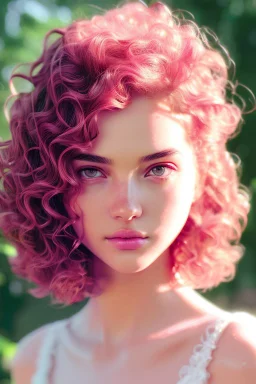 Lost suit,April, Summer Fashion, full body,smooth soft skin, curly hair, detailed eyes, detailed face, looking into camera, intricate, summer outfit, pink, back lighting, realistic concept art, digital painting, rich 3d render, hyper-realistic painting, cinema 4D render, art by WLOP, by Agnes Cecile, Michael Whelan