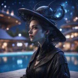 pen outline, layered, portrait of dark space witch by the pool, pool contains floating star ship of extreme complexity and beauty,bokeh like f/0.8, tilt-shift lens 8k, high detail, smooth render, down-light, unreal engine