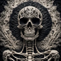 skeleton made of mycelium, covered in black fluid ink, Portrait Photography, Fantasy Background, Intricate Patterns, Ultra Detailed, Luminous, Radiance, beautiful, Ultra Realism, Complex Details, Intricate Details, 16k, HDR, High Quality, Trending On Artstation, Sharp Focus, Studio Photo, Intricate Details, Highly Detailed