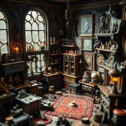 Diorama of old stuff in a room, sharp focus, 8k, 3d, very detailed, volumetric light, grim, fine art, very colorful, ornate, 35mm, F/2.8, insanely detailed and intricate, hypermaximalist, super detailed, decadent