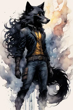 ink wash and watercolor full body concept illustration of an anthropomorphic, adventurous Black Wolf, underground resistance girl character with wildly flowing hair, ornately dressed with highly detailed feathers and facial features in the comic book style of Bill Sienkiewicz and Jean Giraud Moebius, with a fine art aesthetic, highly detailed , boldly inked, 4k UHD cinegraphic quality