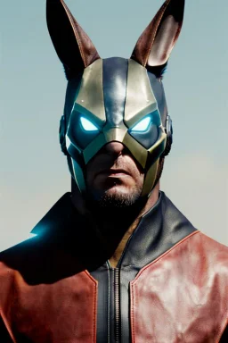 Medium Close Up Portrait, Front image. cyberpunk, rabbit mask helmet, strong man, titanium hair. Leather suit. Brown, black, color. Wolverine style. Color background, photo studio. Avatar image, highly detailed, concept art, smooth, unreal engine 5, ray tracing, RTX, lumen lighting, ultra detail, volumetric lighting, 3d, finely drawn, high definition, high resolution.