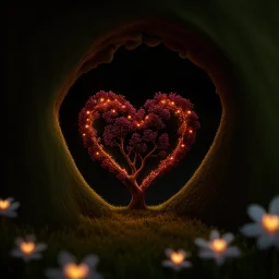 Loveheart-shaped_tree, fairies_living_freely_inside_the_tree's_heart, small _fairy_village_lit_by_fireflies, insanely_detailed, photorealistic, beautiful_light_and_shadows, peaceful, a_magical_fairytale Modifiers: Nikon D850 digital painting elegant dof extremely detailed Award winning photography fantasy studio lighting intricate 8k oil on canvas cinematic lighting photorealistic dynamic lighting award winning fantastic view close up hyperrealistic ultra detailed 4K 3D crisp quality Unreal Engi