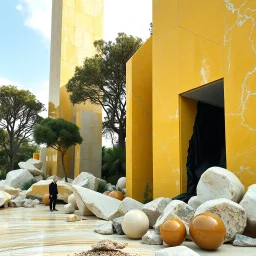 Magnifica immagine di un paesaggio naturale con marmi gialli imponenti accanto a strutture artificiali verticali altissime e alberi. Queste strutture sembrano blocchi rettangolari riflettenti, come colonne di vetro, che creano un contrasto tra il naturale e l'artificiale. Gabbia brutalista si erge solitaria. Persona osserva. bianco con venature e solchi. Magma liquido nero. La scena trasmette un senso di dialogo tra elementi organici. Dettagli degli specchi e delle rocce molto accentuati. Sfere