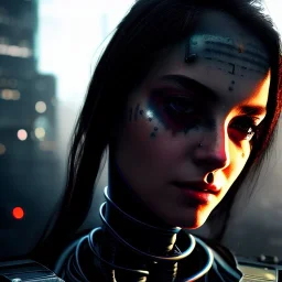 portrait,beautiful female robot, intense stare, sad eyes, post-apocalyptic in a cyberpunk city, realistic, intriacte detail, sci-fi fantasy style, volumetric lighting, particles, highly detailed ,cinamatic , deep colours,8k, by Caravaggio