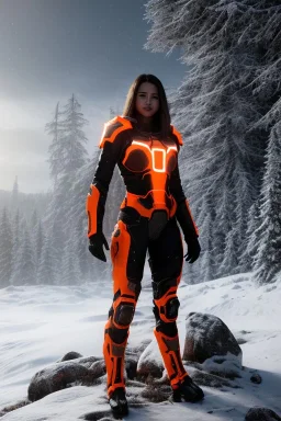 full body portrait of a beautiful girl, wearing glowing orange armor, futuristic armor, natural posture, nice smile, snowy mountain background, snow, fur cloak, full body, short armor