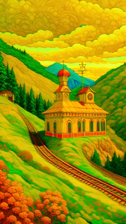 A golden train station on a mountain painted by Paul Ranson