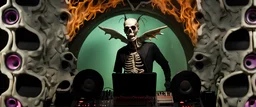 DJ of the damnded, insanely detailed DJ booth in hell, MID set, speakers and equipment made of bone, anatomically correct,