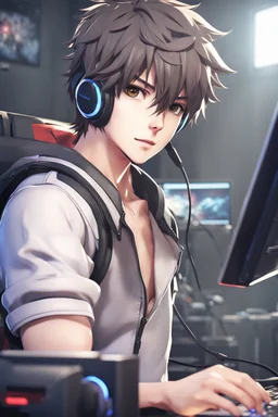 8k quality realistic image of an attractive anime boy, gamer Infront of PC, up close, 3d