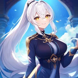 girl, masterpiece, best quality, volumetric lighting, detailed outfit, perfect eyes, vibrant colors, white hair, long hair, vibrant golden eyes, ponytail, smile,