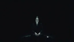 A solitary woman sitting alone in an endless void of darkness, pale skin, large hollow dark eyes with deep shadows underneath, wearing tattered black robes, empty expression, staring into nothingness. Only a faint circle of dim light surrounds her. Absolute loneliness, emotional emptiness, existential despair, abandonment, silence, vast darkness consuming everything beyond the light. No other people, no faces, no eyes, no creatures, no monsters, no silhouettes, no figures in the shadows, no watc