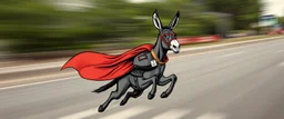 Political propaganda poster for Mexican farmer Hitler on fast superhero donkey, airbrush and pen outline against motion blurred photo background