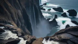 High angle view of dramatic coastal cliffs, towering waterfalls cascading down a dark, striated rock face into a turbulent turquoise and deep blue ocean, crashing waves, overcast sky, bright diffuse light, photorealistic, 8k resolution, highly detailed