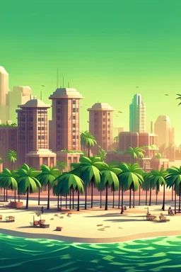 beachside city with palm trees and big scyscrappers