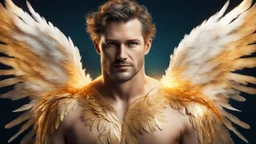 male 35 years old angel, fine rendering, high detail, 8K, bright colors, HD photography, gold, feathers, double exposure