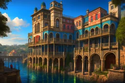 medieval buildings with balconies overhanging lake edge with blue sky and people, photorealism detailed matte painting, deep colour, fantastical, intricate detail, splash screen, complementary colours, fantasy concept art