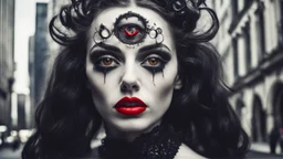 a photo of gothic girl, surrealism style, dali, three eyes in your face, red lips, newyork city