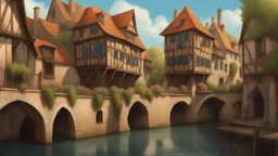 medieval buildings with balconies overhanging a canal, blue sky and people, photorealism, trees, foliage, piers, fantastical, intricate detail, concept art, people, ultra-sharp image